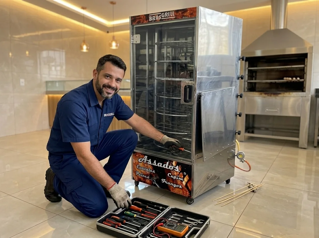 Técnico realizando manutenção na máquina de assados Brasgrill